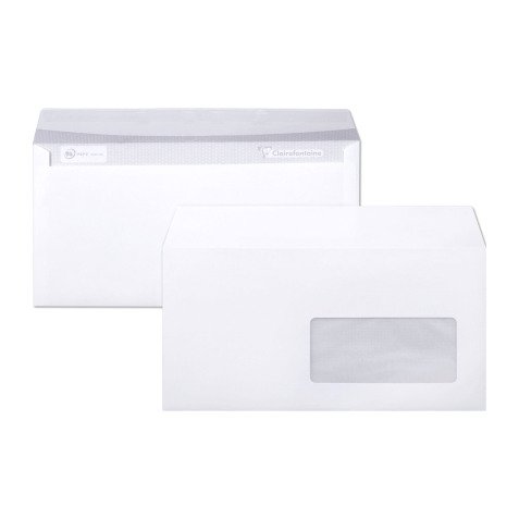 Enveloppe 110 x 220 mm Clairalfa Clairefontaine 90 g avec fenêtre 45 x 100 mm blanche - Boîte de 250