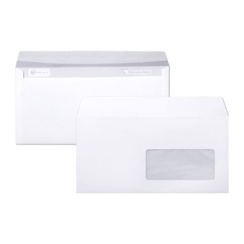 Sobre 110 x 220 mm Clairalfa Clairefontaine 90 g con ventana 45 x 100 mm blanca - Caja de 250