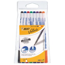 Marqueur effaçable Bic Velleda 1721 pointe ogive 1,2 mm - Pochette de 8 couleurs assorties