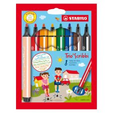 Hoesje met 8 viltstiften Stabilo Trio Scribbi assortiment brede punt