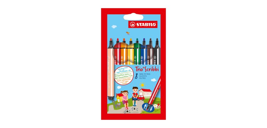 Feutre couleur Stabilo Trio Scribbi couleurs assorties pointe large - Pochette de 8