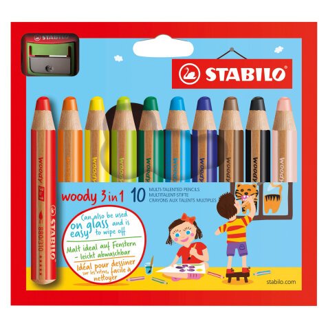 Crayon de couleur Stabilo Woody 3 en 1 couleurs assorties - Boite de 10 + 1 taille-crayon