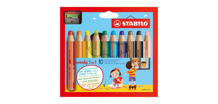 Crayon de couleur Stabilo Woody 3 en 1 couleurs assorties - Boite de 10 + 1 taille-crayon
