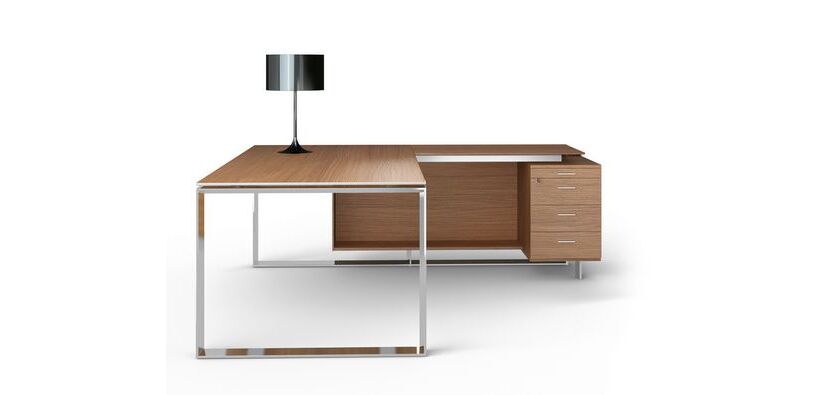 Bureau compact retour à droite noyer L 200 x P 100 cm, piétement métal - Maestro