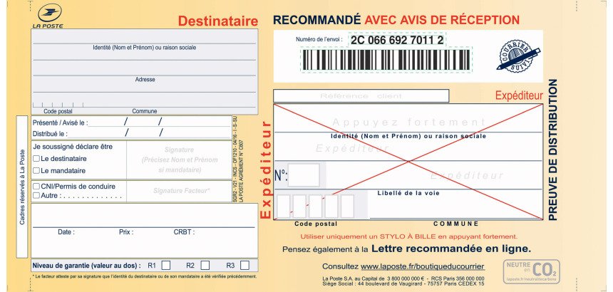 Formulaire imprimé pour recommandé format guichet SGR2 - Boîte de 100