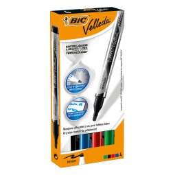 Pak met 4 uitwisbare markers Bic Velleda klassieke kleuren vloeibare inkt medium kegelpunt 2,2 mm