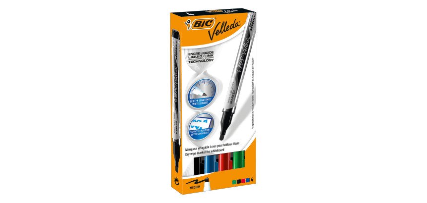 Marqueur effaçable Bic Velleda pointe ogive 2,2 mm - Boîte de 4 couleurs assorties classiques