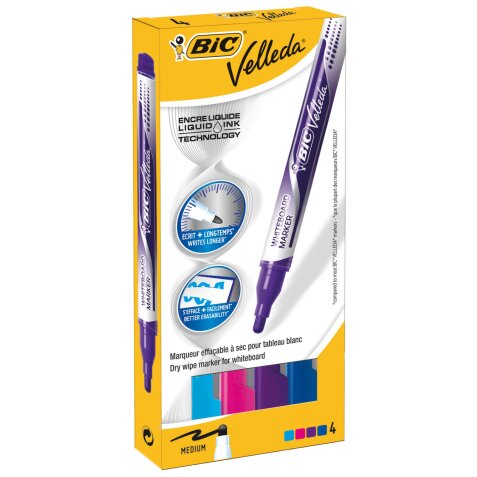 Rotulador de pizarra blanca Bic Velleda tinta líquida punta cónica media - Caja de 4 colores fun