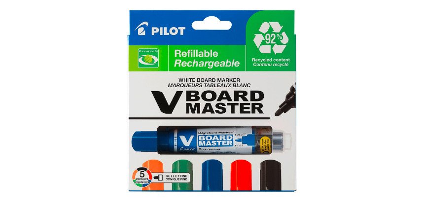 Marqueur effaçable V-BOARD MASTER PILOT encre liquide pointe ogive fine 1,7 mm - Pochette de 5 couleurs assorties