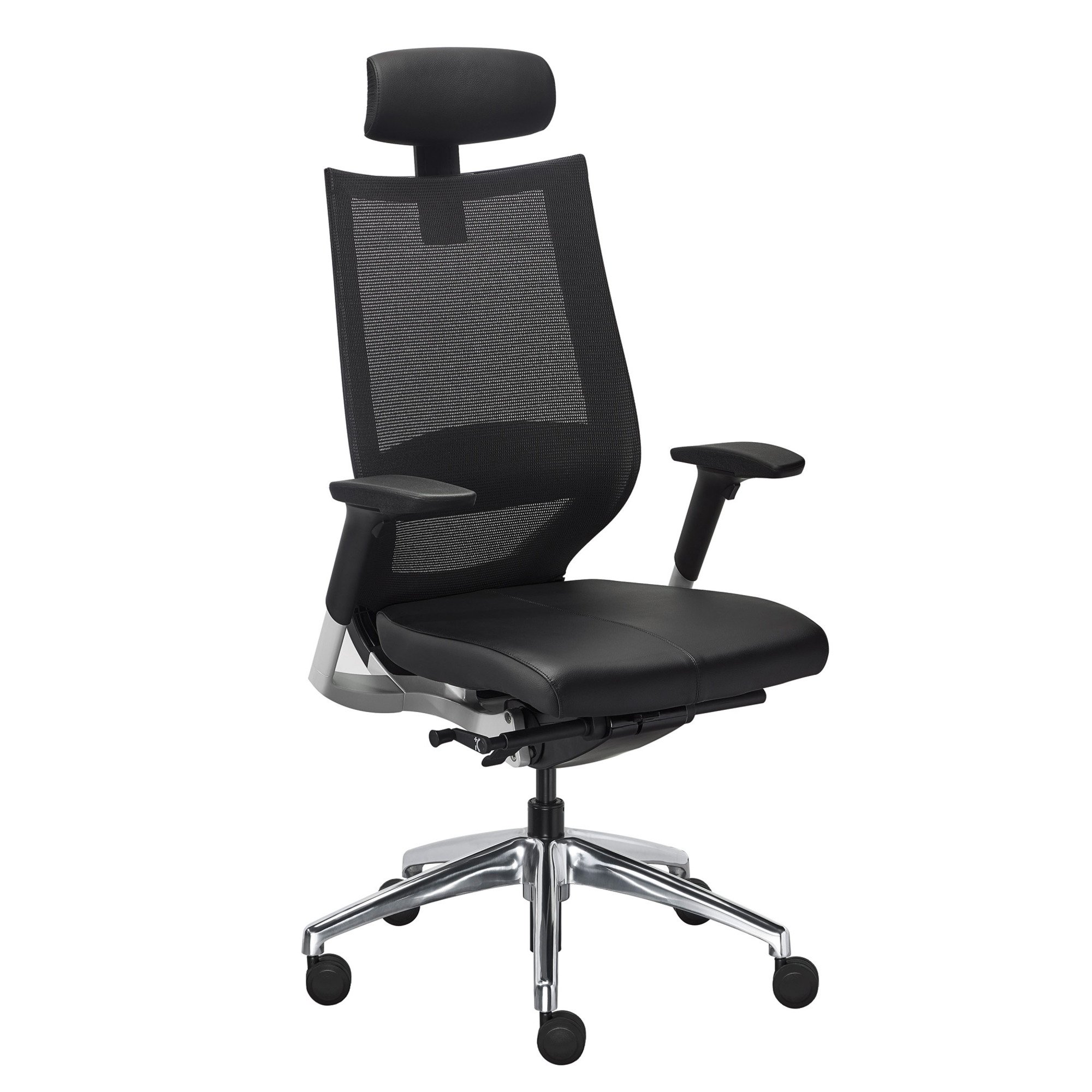 Fauteuil de bureau FORTIS assise cuir - avec accoudoirs, appui-tête et soutien lonbaire - Mécanisme Synchrone - Réglage profondeur d'assise - Pieds aluminium