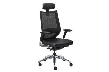 Fauteuil de bureau FORTIS assise cuir - avec accoudoirs, appui-tête et soutien lombaire - Mécanisme Synchrone - Réglage profondeur d'assise - Pieds aluminium