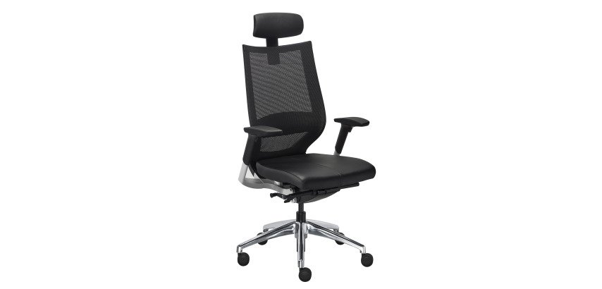 FORTIS office chair, leather seat, 2D armrests, headrest, lumbar support, synchronous mechanism, seat depth adjustment, aluminum base
