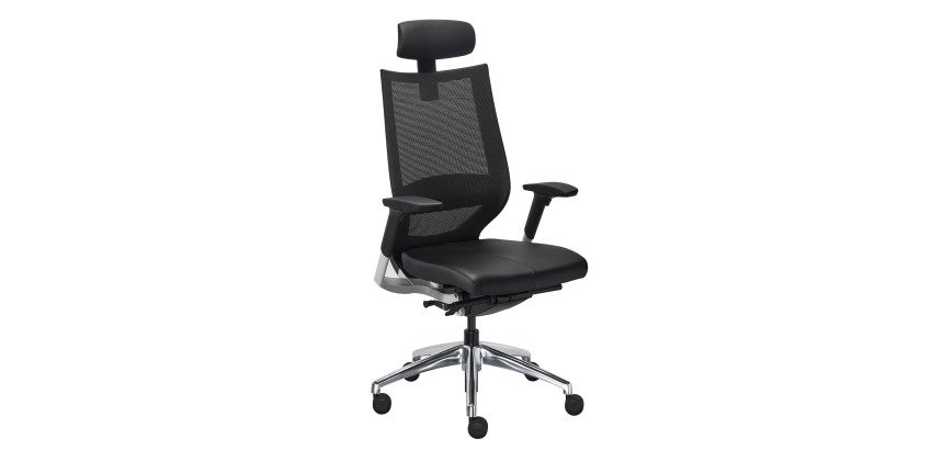 Fauteuil de bureau FORTIS assise cuir - avec accoudoirs, appui-tête et soutien lombaire - Mécanisme Synchrone - Réglage profondeur d'assise - Pieds aluminium