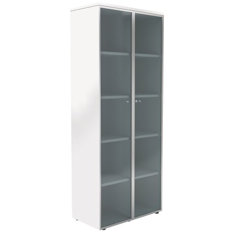 Bibliothèque haute H 217 cm blanche portes vitrées alu Maestro