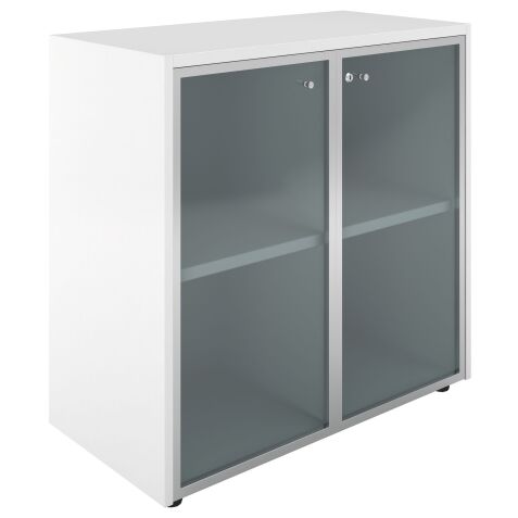 Low bookcase H 89 cm white with glass doors alu Essenzza - Darwin