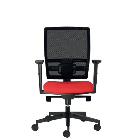 Chaise de bureau BRUNEAU ACTIV' - dossier maille, mécanisme synchrone, accoudoirs 1D, piètement nylon noir, tissu rouge