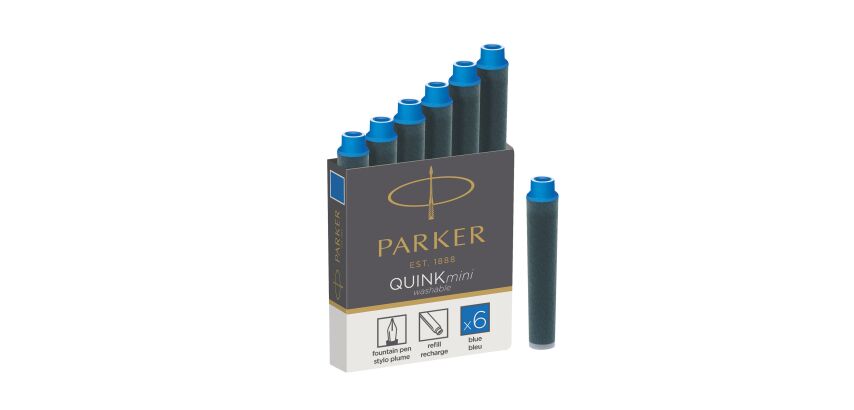 Cartouche d'encre courte pour stylos plumes Parker bleue – Boîte de 6
