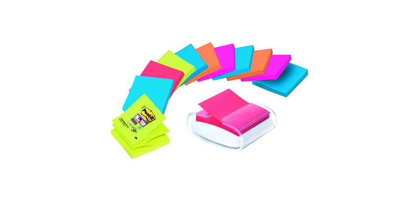 Pack dispenser + 12 coloured Z-Notes Super Sticky Post-it