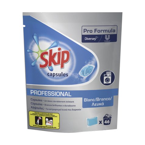 Pack 3 paquets de 46 doses de lessive Skip professional capsules textiles blancs + 1 offert