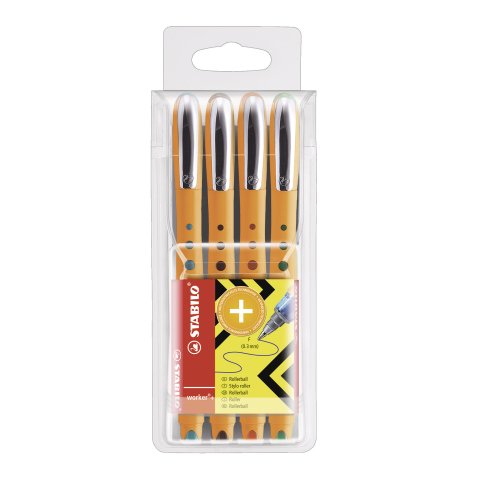Stylo roller Stabilo Worker+ pointe 0,3 mm - écriture fine - Pochette de 4 couleurs