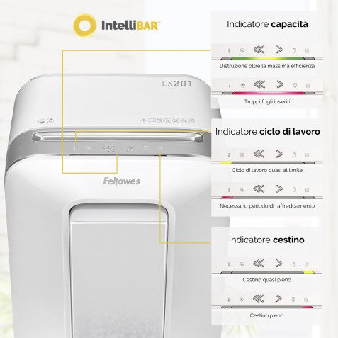 Distruggidocumenti Fellowes LX-201, taglio a microframmento livello di sicurezza P5 - 12 fogli - bianco