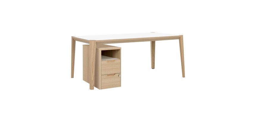 Scrivania Ostrahl bianca e rovere 180 x 90 cm con cassettiera a 2 cassetti