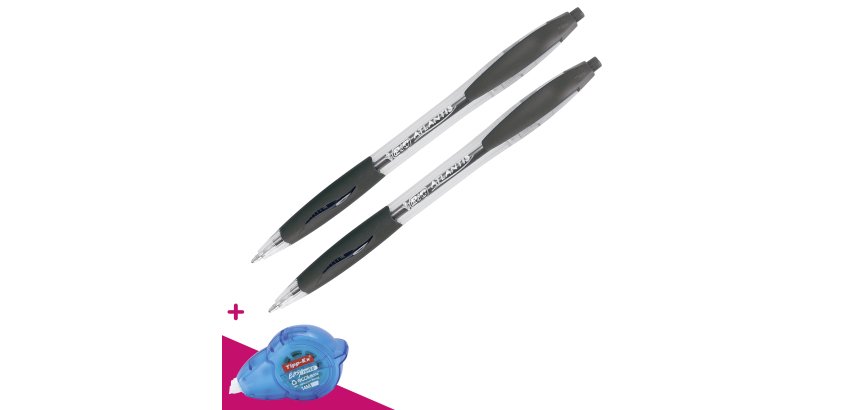 Pack 2 stylos bille Atlantis + 1 stylo et 1 correcteur à sec Tipp-Ex Easy Correct offert