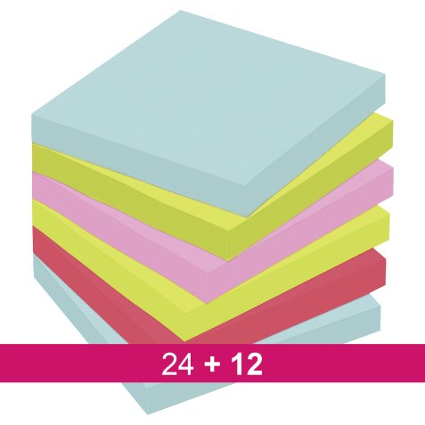 Pack de 24 notes couleurs Miami Super Sticky Post it 76 x 76 mm + 12 OFFERTES