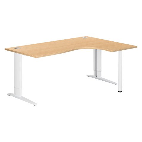Bureau compact hêtre réglable en hauteur L 180 cm retour à droite piètement L métal Plus Essens