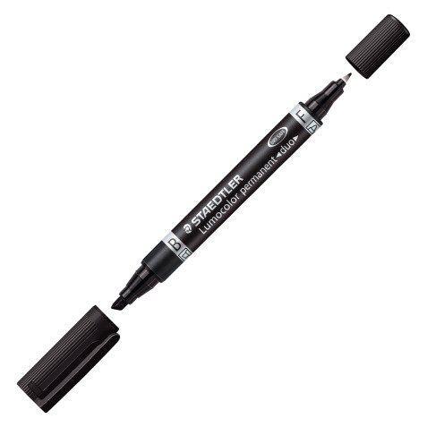 Permanenter Marker Staedtler Lumocolor Duo 3488 mit feiner Rundspitze 0,6 mm und schräger Spitze 1,5 bis 4 mm.