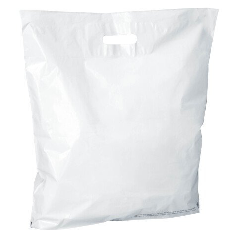 Bolsa de plásticos reciclados con asas troqueladas blancas - Paquete de 100 bolsas