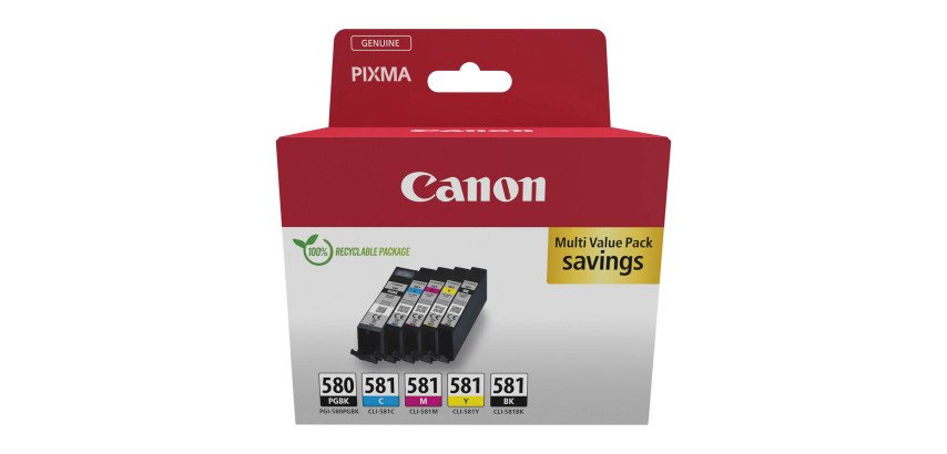 Canon PGI-580PGBK + CLI-581 B/C/M/Y - Pack of 5 Cartridges: Black, Pigment Black, Cyan, Magenta, Yellow for Inkjet Printer