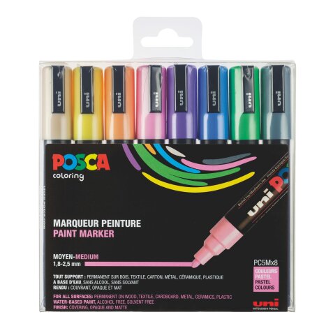 Marqueur Posca PC5M couleurs pastel assorties pointe conique 1,8 à 2,5 mm - Etui de 8