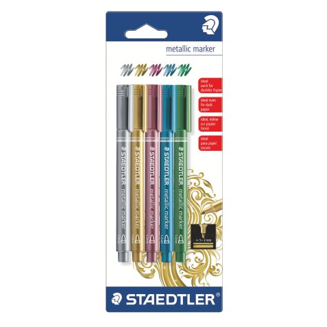 Marqueur effaçable Staedtler Metallic pointe ogive  2,7 mm - Pochette de 5 couleurs assorties