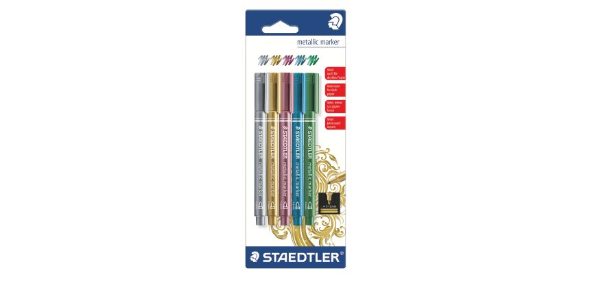 Marqueur Staedtler Metallic pointe ogive fine 2,7 mm couleurs assorties - Pochette de 5