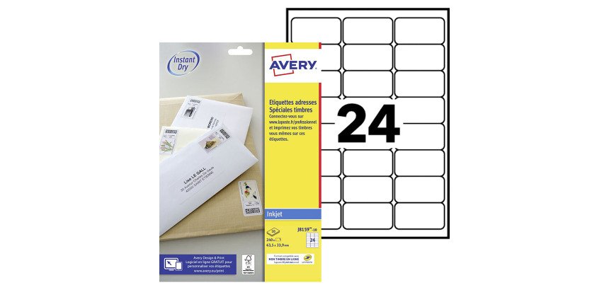 Etiquette timbre 63,5 x 33,9 mm jet d'encre Avery J8159-10 blanche - Boîte de 240