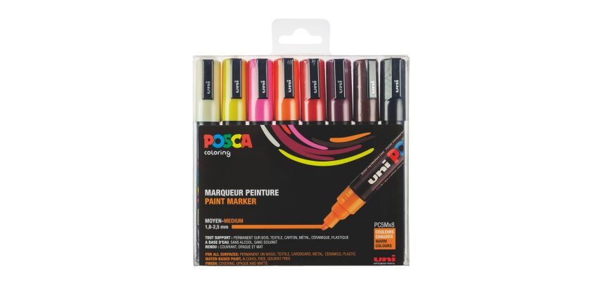 Marqueur Posca PC5M couleurs chaudes assorties pointe conique 1,8 à 2,5 mm - Étui de 8