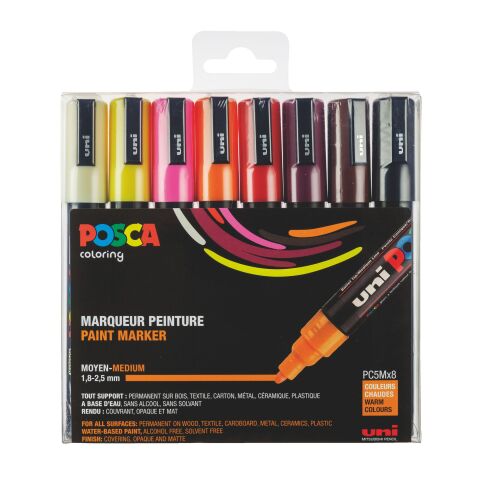 Marcador Posca PC5M colores cálidos surtidos, punta cónica 1,8 a 2,5 mm - Estuche de 8