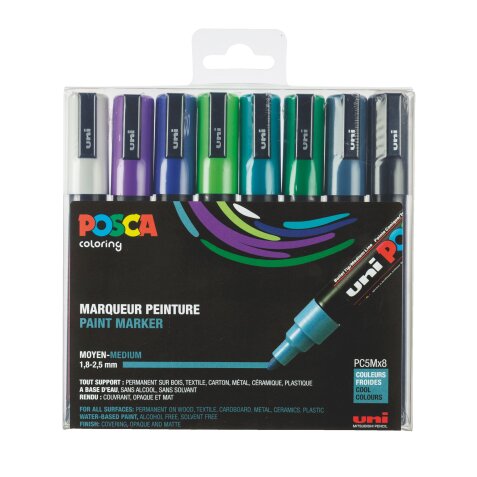 Marqueur Posca PC5M couleurs froides assorties pointe conique 1,8 à 2,5 mm - Etui de 8