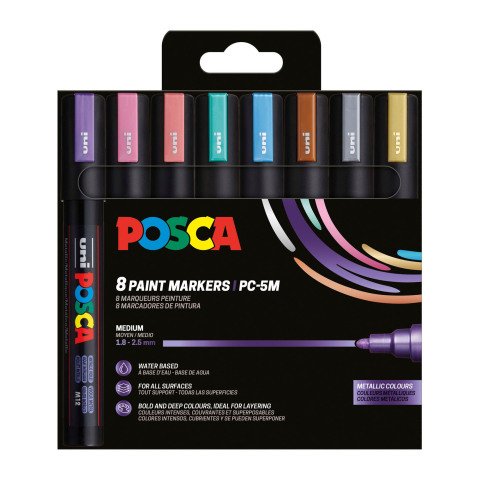 Marcador Posca PC5M colores metálicos surtidos, punta cónica 1,8 a 2,5 mm - Estuche de 8