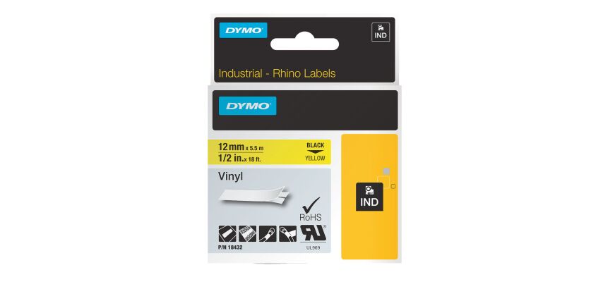 Vinyl ribbon Dymo Rhino 12 mm 18432 yellow with black text