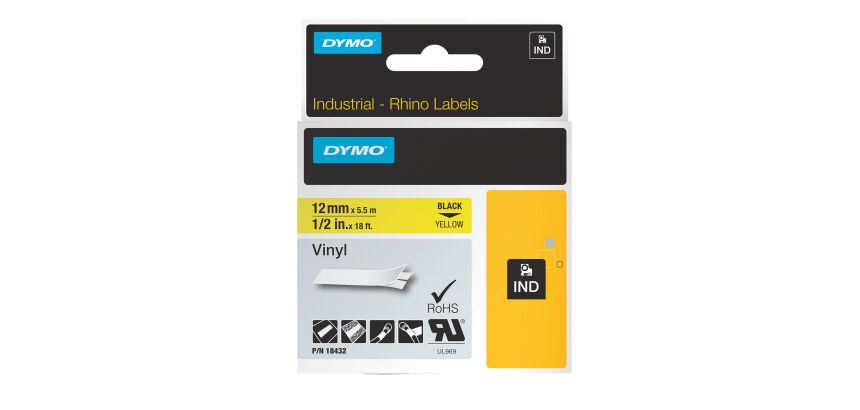 Ruban vinyle Dymo Rhino 12 mm 18432 jaune écriture noire