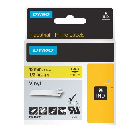 Cinta de vinilo Dymo Rhino negro sobre amarillo 12 mm 18432