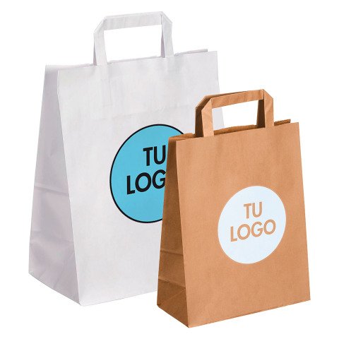 Bolsas de papel personalizadas kraft con asas planas - 32 + 12 x 42 cm