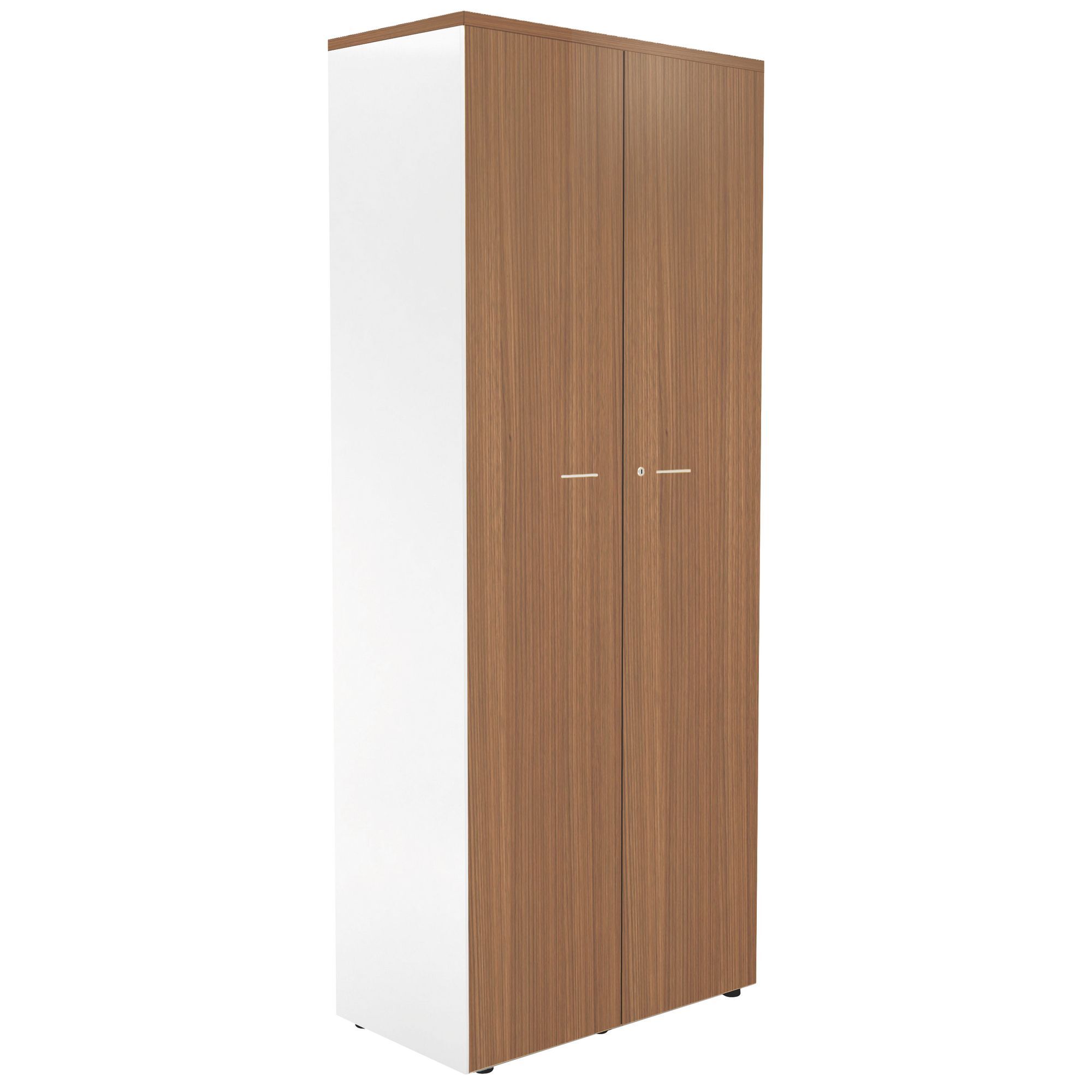 Hoge kast met klapdeuren in notelaar en behuizing in wit  Essenzza H 217 cm 