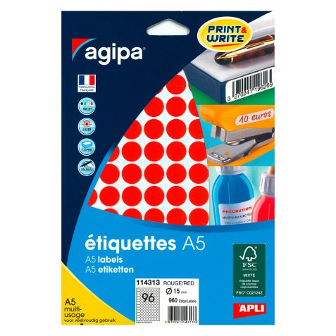 Pastille adhésive Ø 15 mm - pochette de 960 gommettes