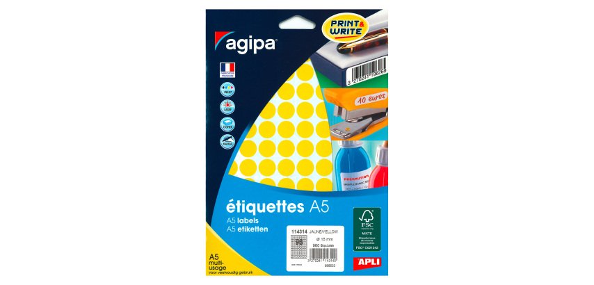 Pastille adhésive Ø 15 mm Agipa 11431 couleur - Boîte de 960
