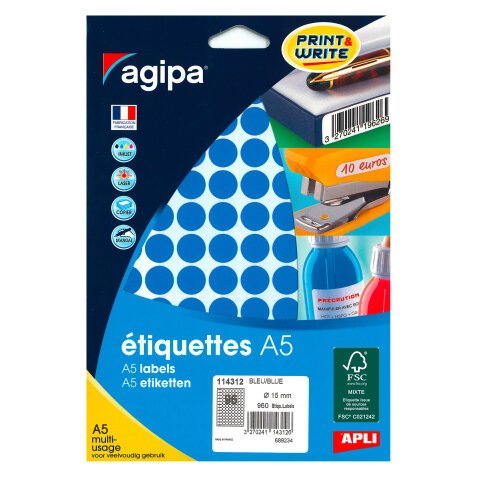 Pastille adhésive Ø 15 mm Agipa 11431 couleur - Boîte de 960