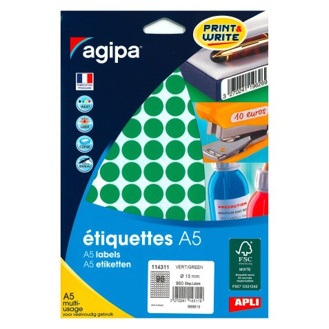 Pastille adhésive Ø 15 mm Agipa 11431 couleur - Boîte de 960