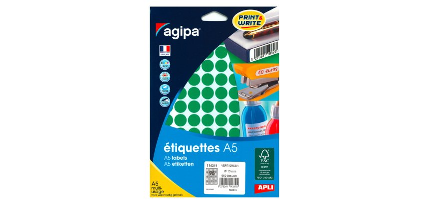 Pastille adhésive Ø 15 mm Agipa 11431 couleur - Boîte de 960